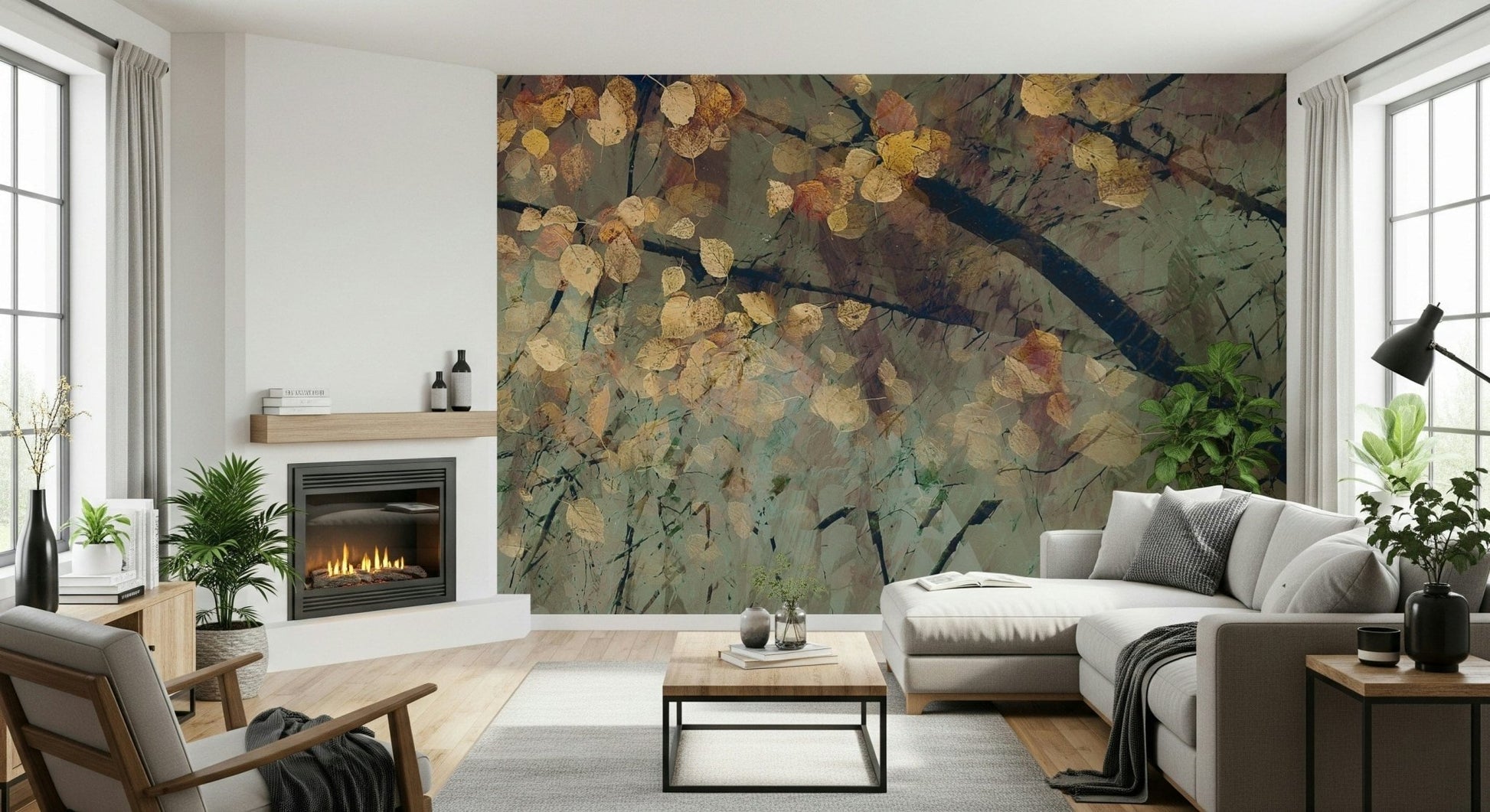 Detailed seasonal tree wallpaper for a contemporary lounge accent wall.