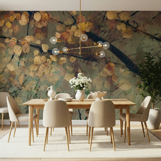 Autumn's Tranquil Reflection Wall Mural in a warm living room with gold accents wallpaper.