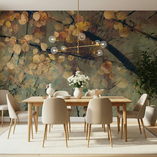 Autumn's Tranquil Reflection Wall Mural in a warm living room with gold accents wallpaper., GD5558