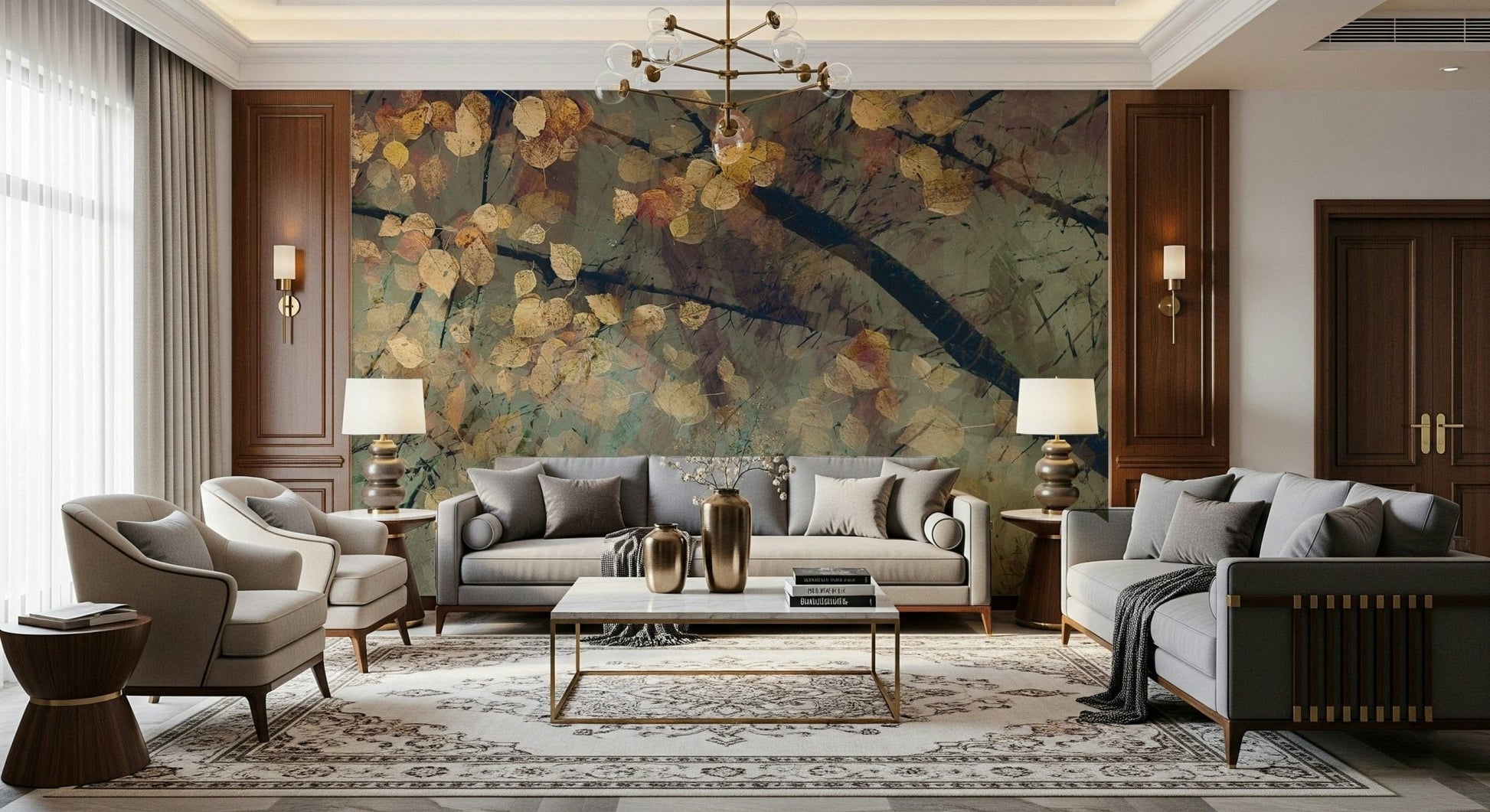 Amber forest reflection wall mural in a minimalist study space.