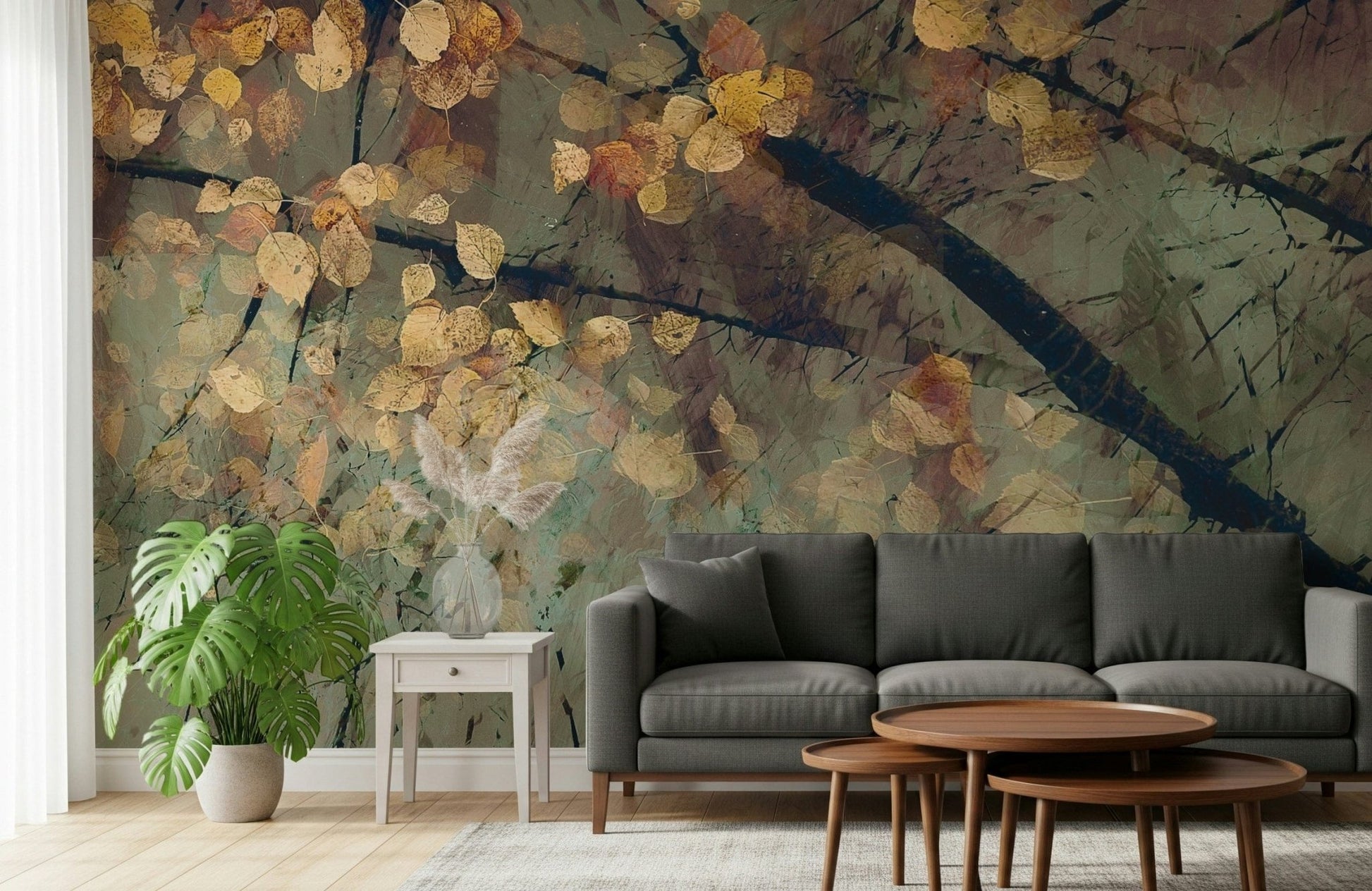 Large scale nature wallpaper for an open plan apartment living area.
