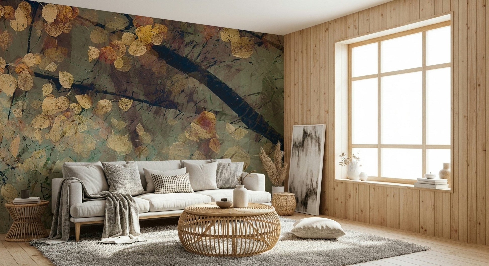 Warm autumn landscape wall mural in a modern dining room setting.