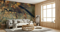 Warm autumn landscape wall mural in a modern dining room setting.