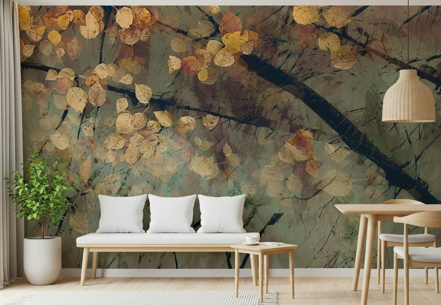 Golden leaf reflection wallpaper for a quiet home office feature wall.