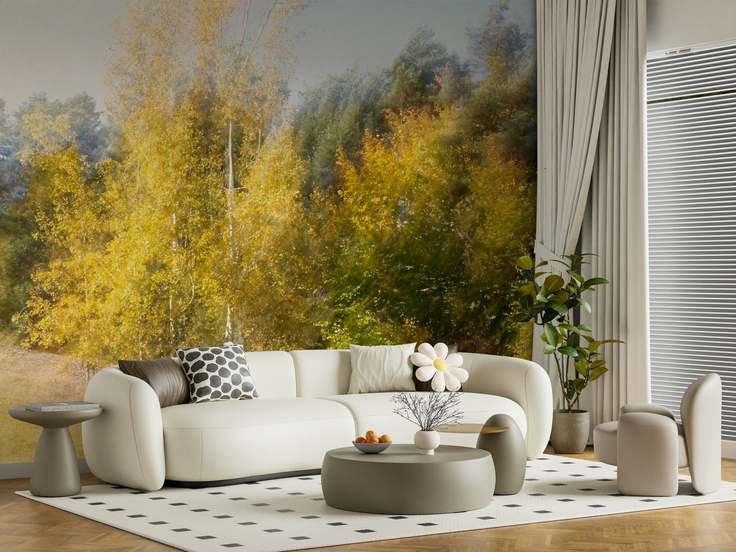 Dreamy forest wall mural with a painterly soft-focus woodland effect.