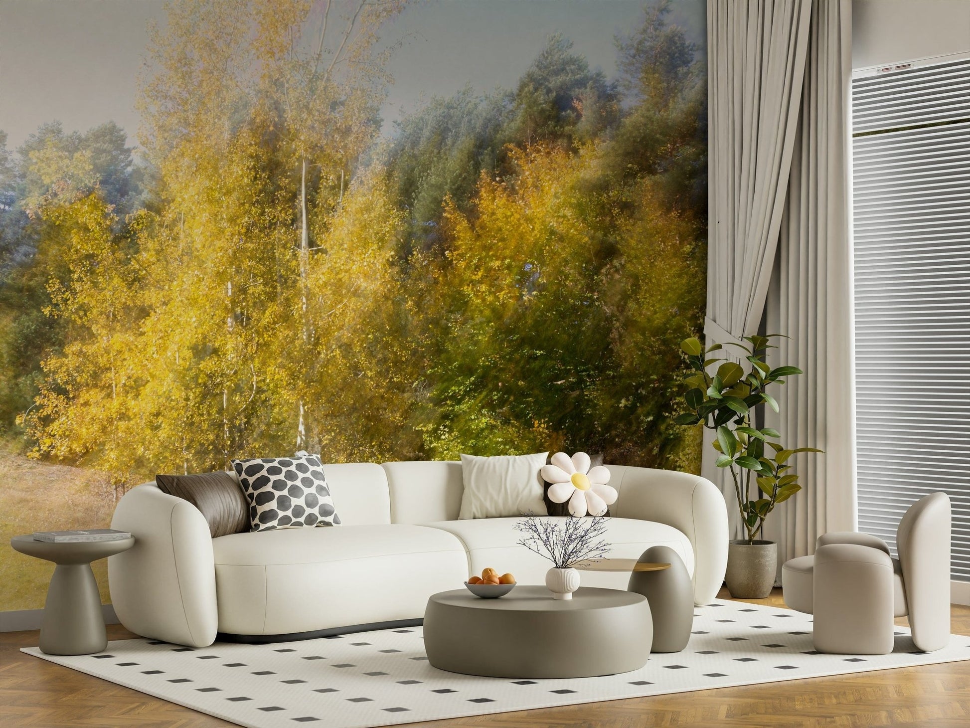 Dreamy forest wall mural with a painterly soft-focus woodland effect.
