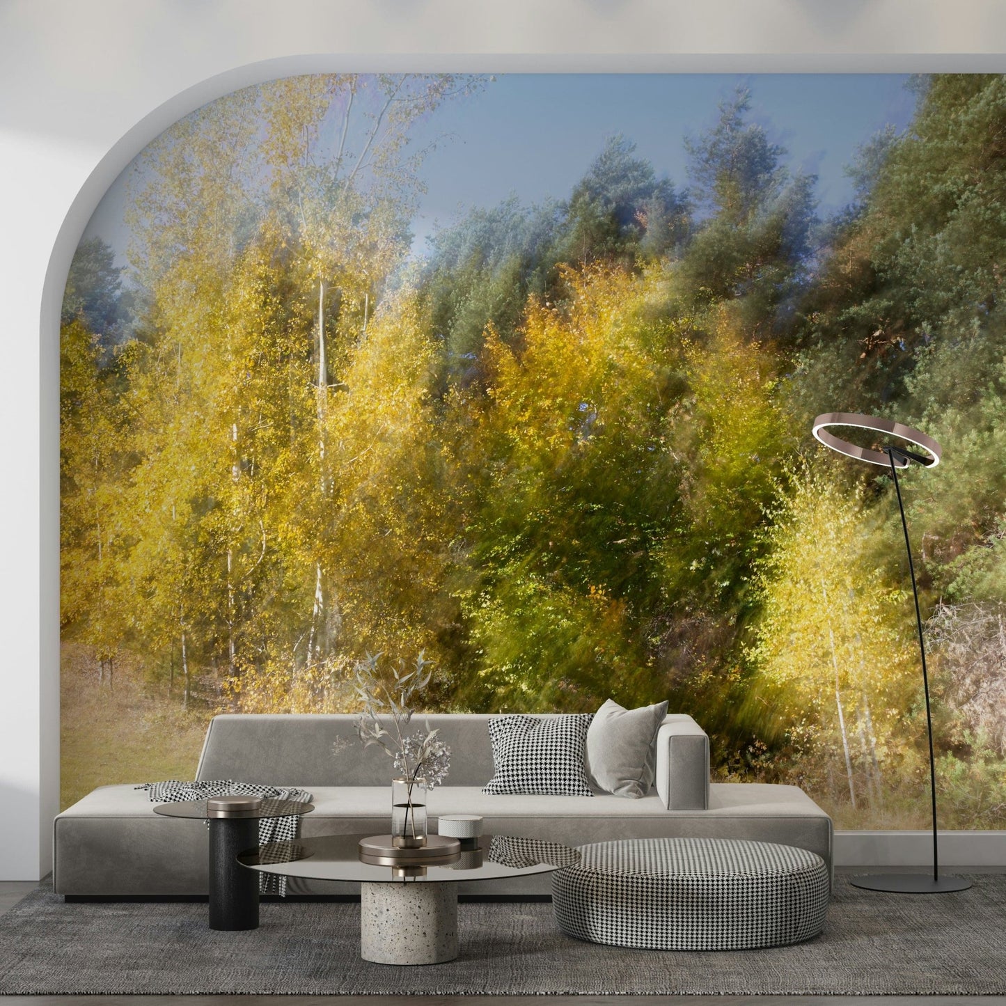 High resolution wall mural capturing the ethereal essence of a fall forest.