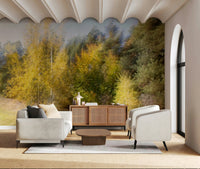 Autumn's Whisper wall mural with blurred golden trees and soft yellow light.