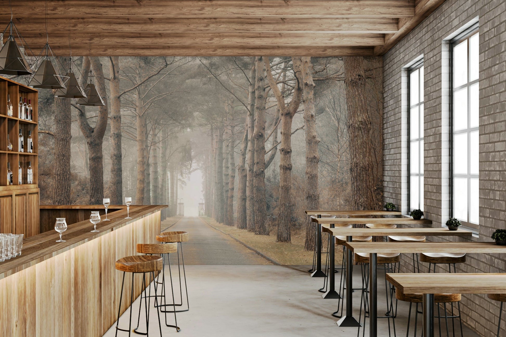 Tree-lined path wall mural for calm interiors