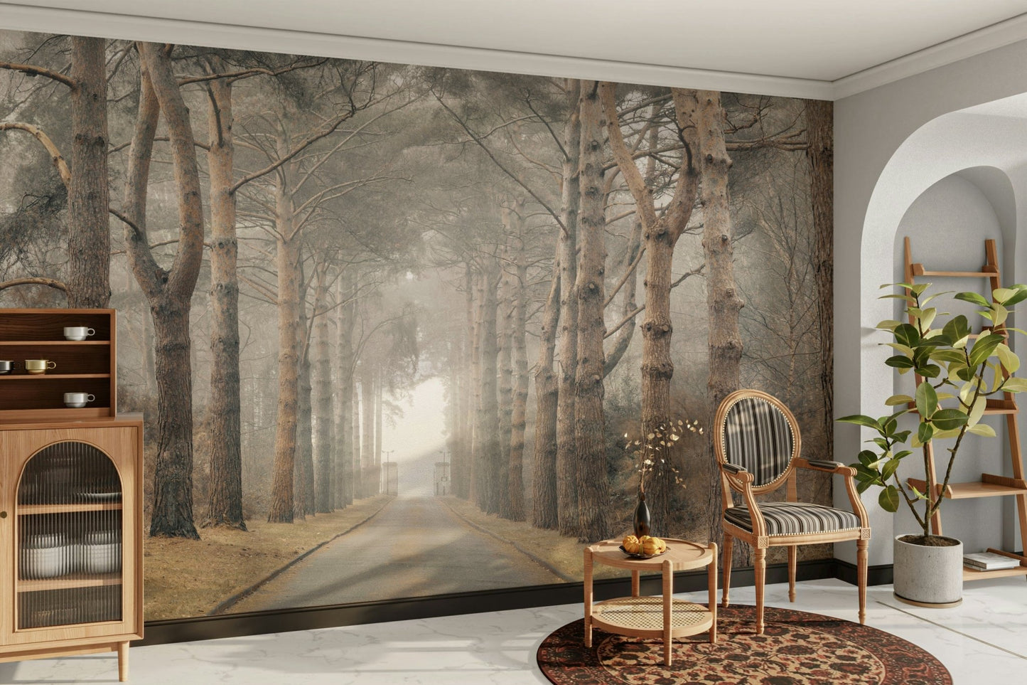 Forest road mural with gentle morning light

