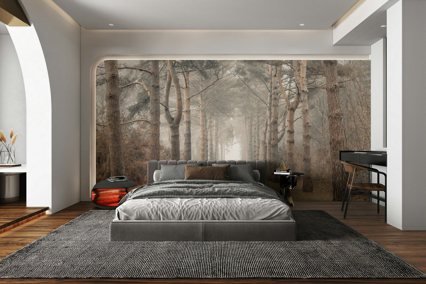 Long path mural with vertical tree lines

