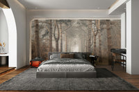 Long path mural with vertical tree lines

