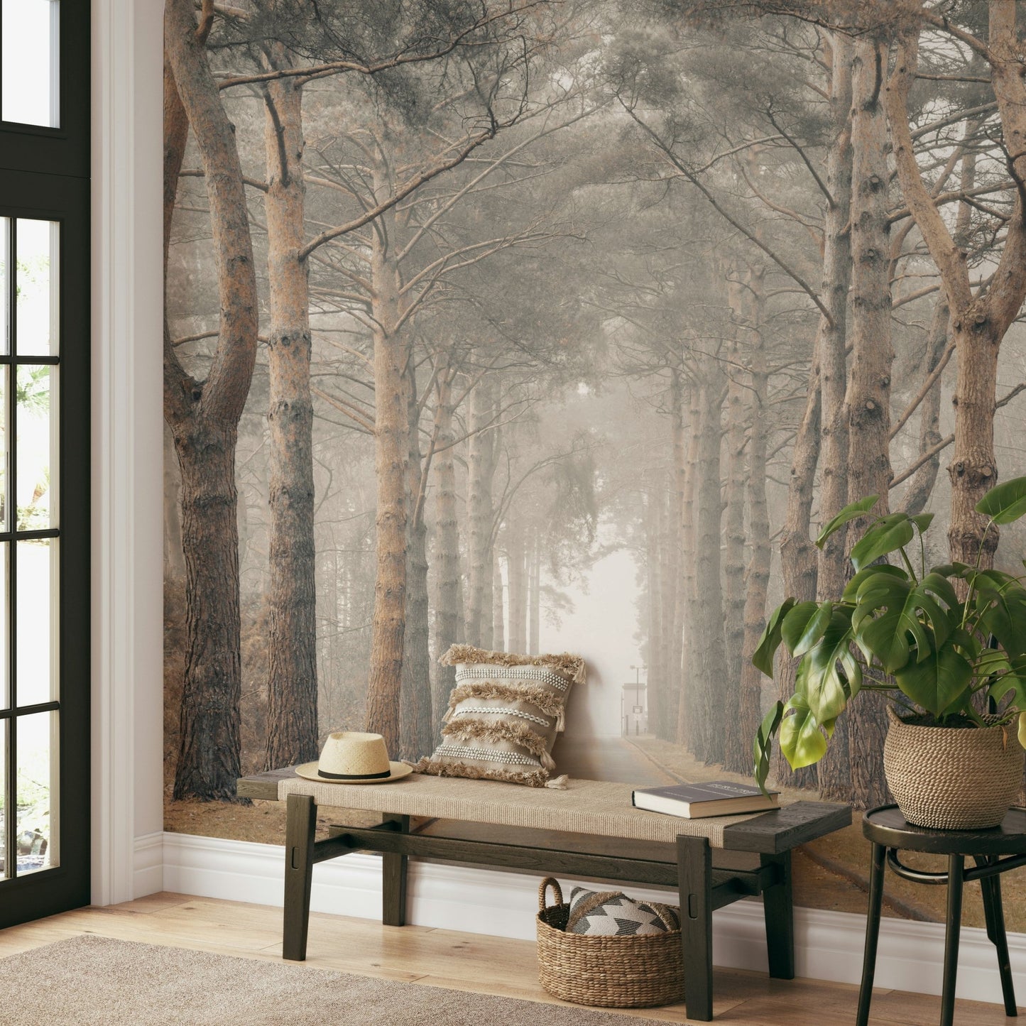Woodland wall mural with soft green tones


