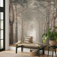 Woodland wall mural with soft green tones

