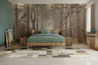 Natural path mural surrounded by tall trunks

