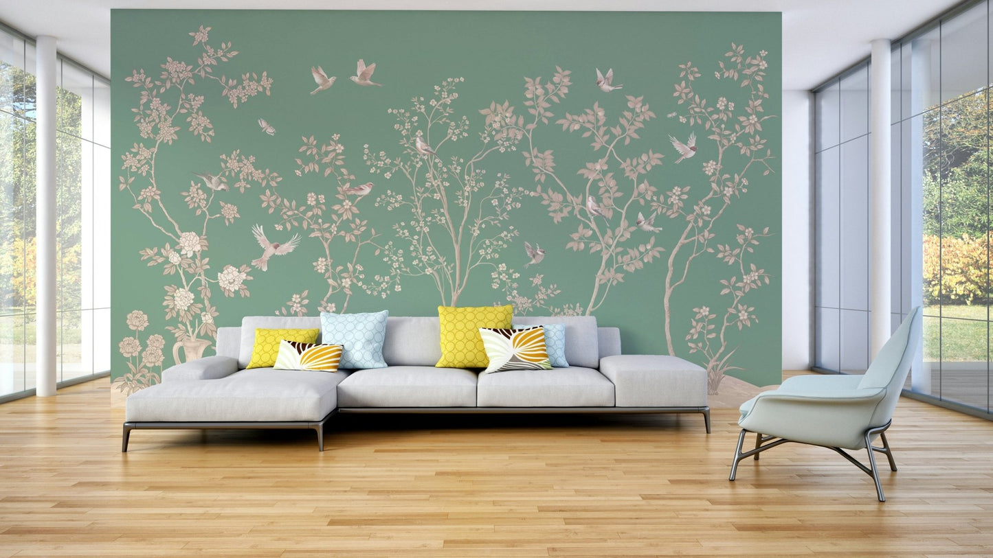 An elegant wall mural with a pattern of birds and flowers.

