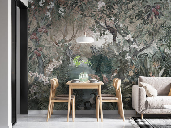 Lush Jungle Scene with Exotic Birds and Flora B485