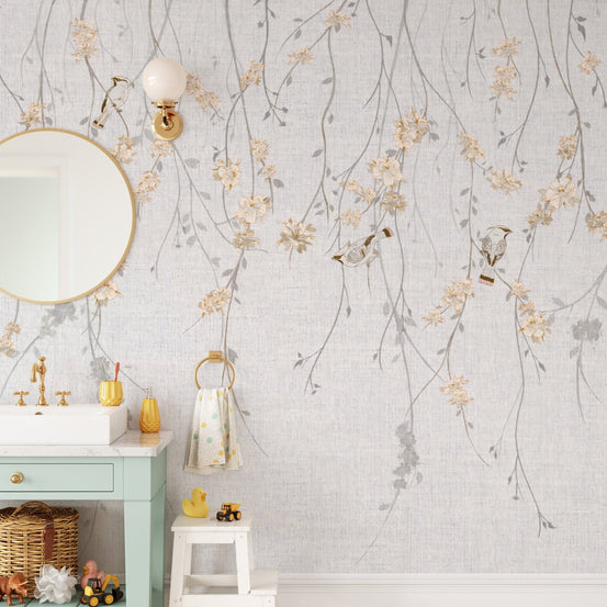Graceful avian elegance mural with leafy branch motifs., B666