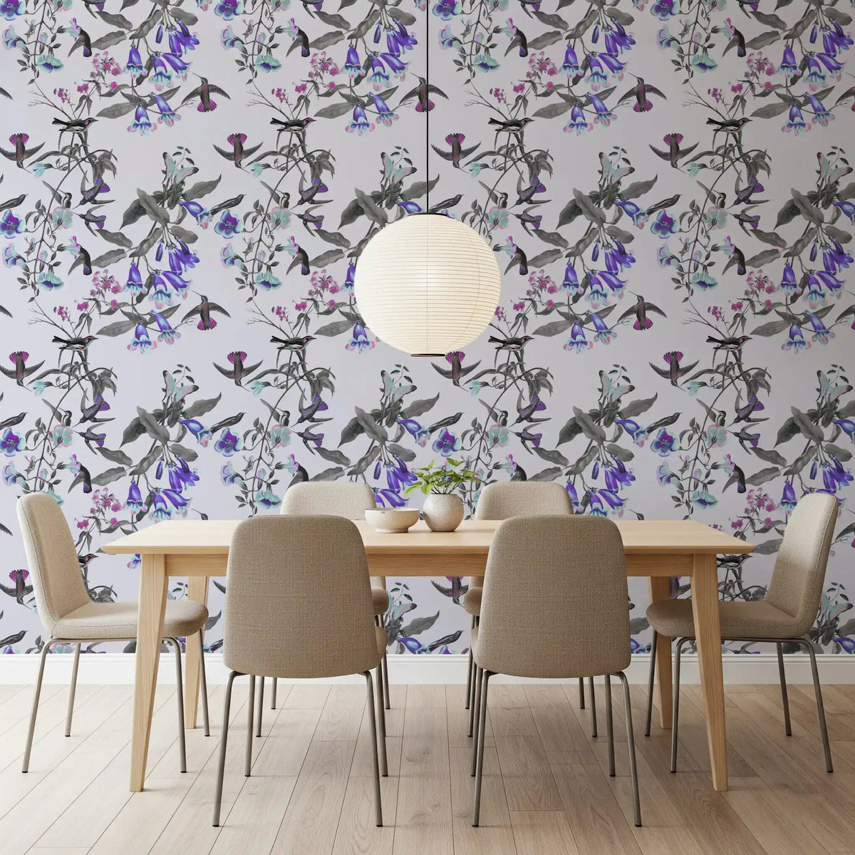 Decorative wallpaper with Aviary birds and Twilight Bloom vines, GD9339