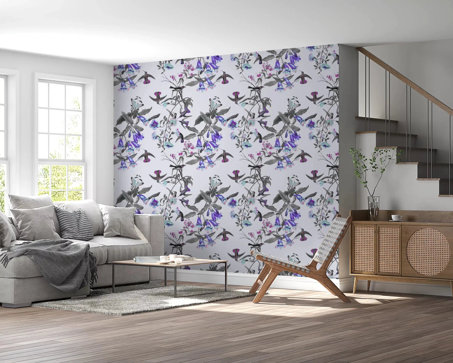 Aviary Twilight wallpaper with layered blooms and branch pattern, GD9339