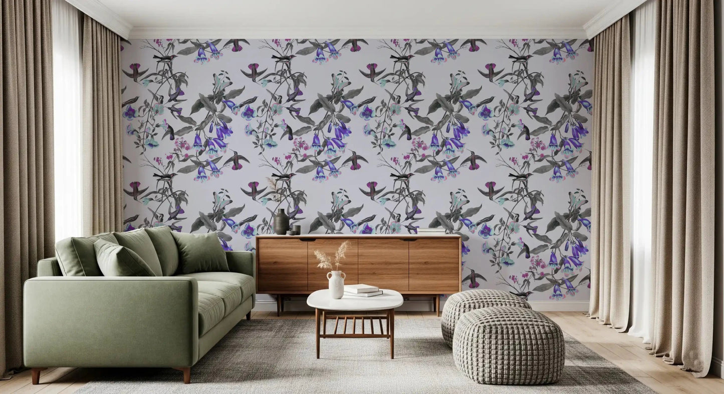 Floral bird wallpaper with Twilight accents and Aviary detail, GD9339