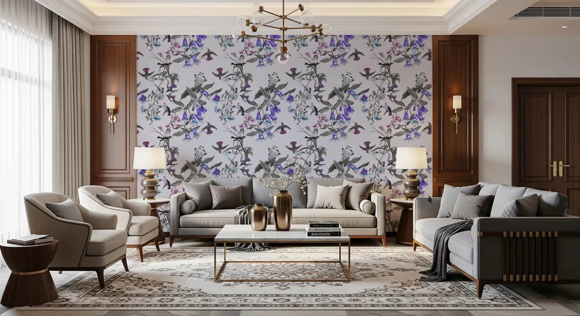 Aviary Twilight Bloom wallpaper in living room with bird florals, GD9339