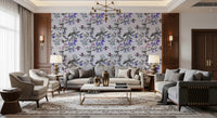 Aviary Twilight Bloom wallpaper in living room with bird florals, GD9339