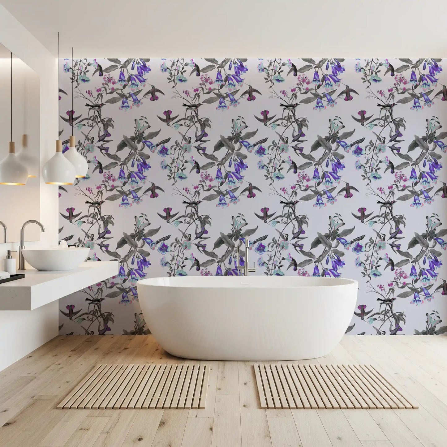 Twilight Bloom wallpaper in bathroom with soft aviary pattern, GD9339