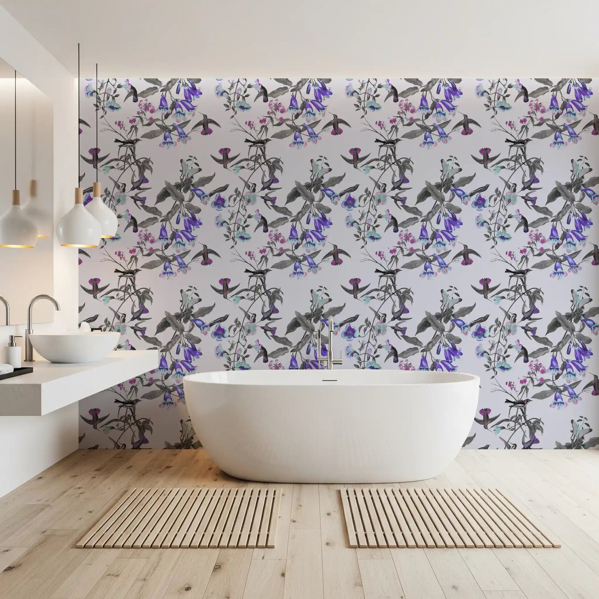 Twilight Bloom wallpaper in bathroom with soft aviary pattern, GD9339