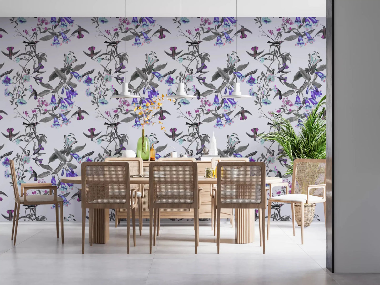 Aviary Twilight wallpaper in dining room with blooming vines, GD9339