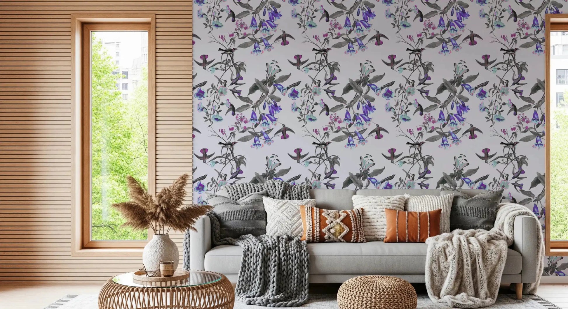 Aviary Bloom wallpaper in hallway with layered floral birds, GD9339