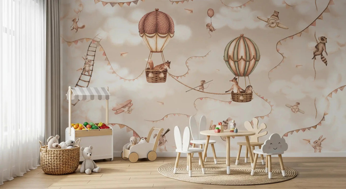 Nursery styled with Aviation Adventure Mono Wall Mural balloon scene
