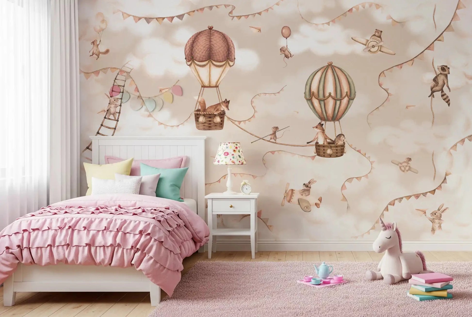 Aviation Adventure Mono Wall Mural with clouds and bunting details