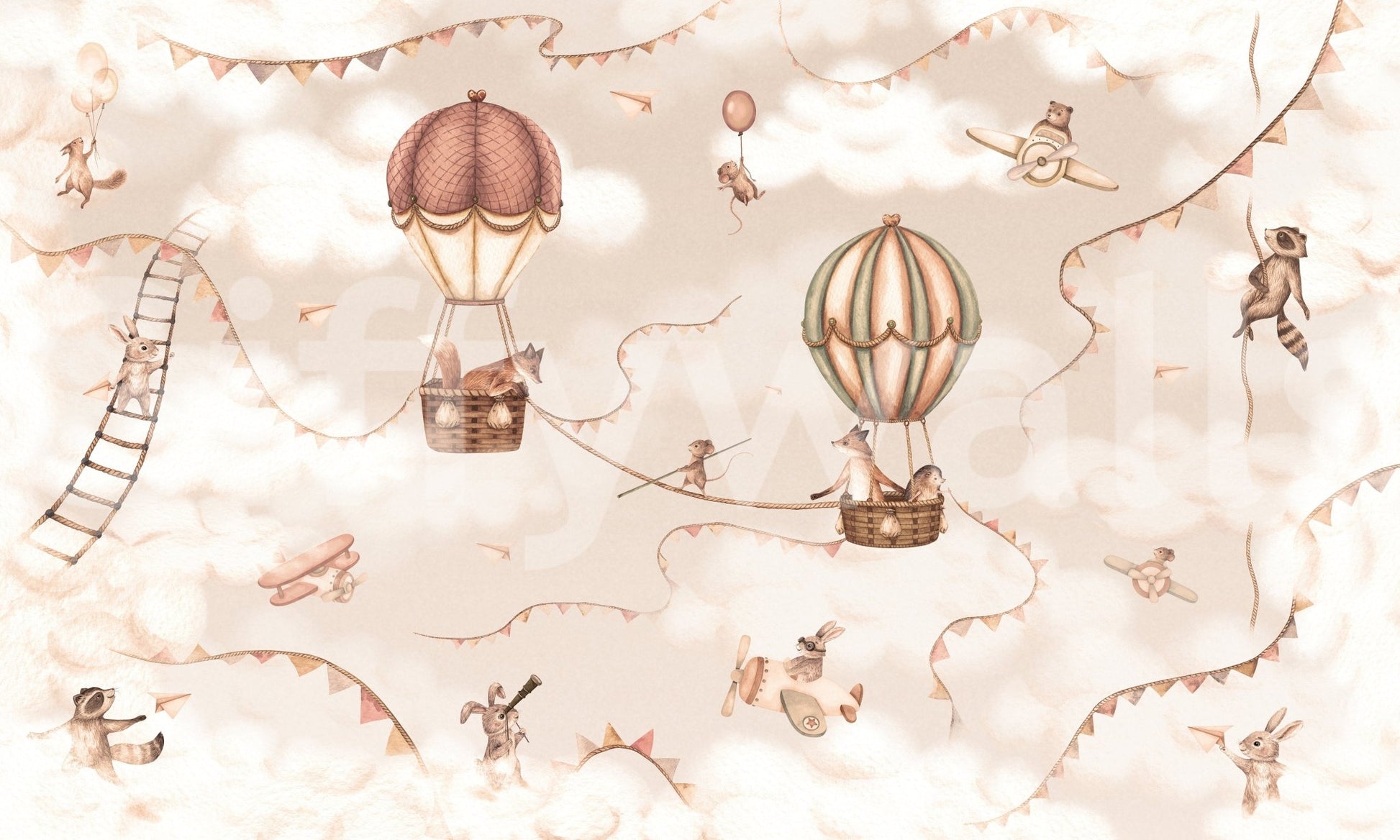 Aviation Adventure Mono Wall Mural with playful flying animals