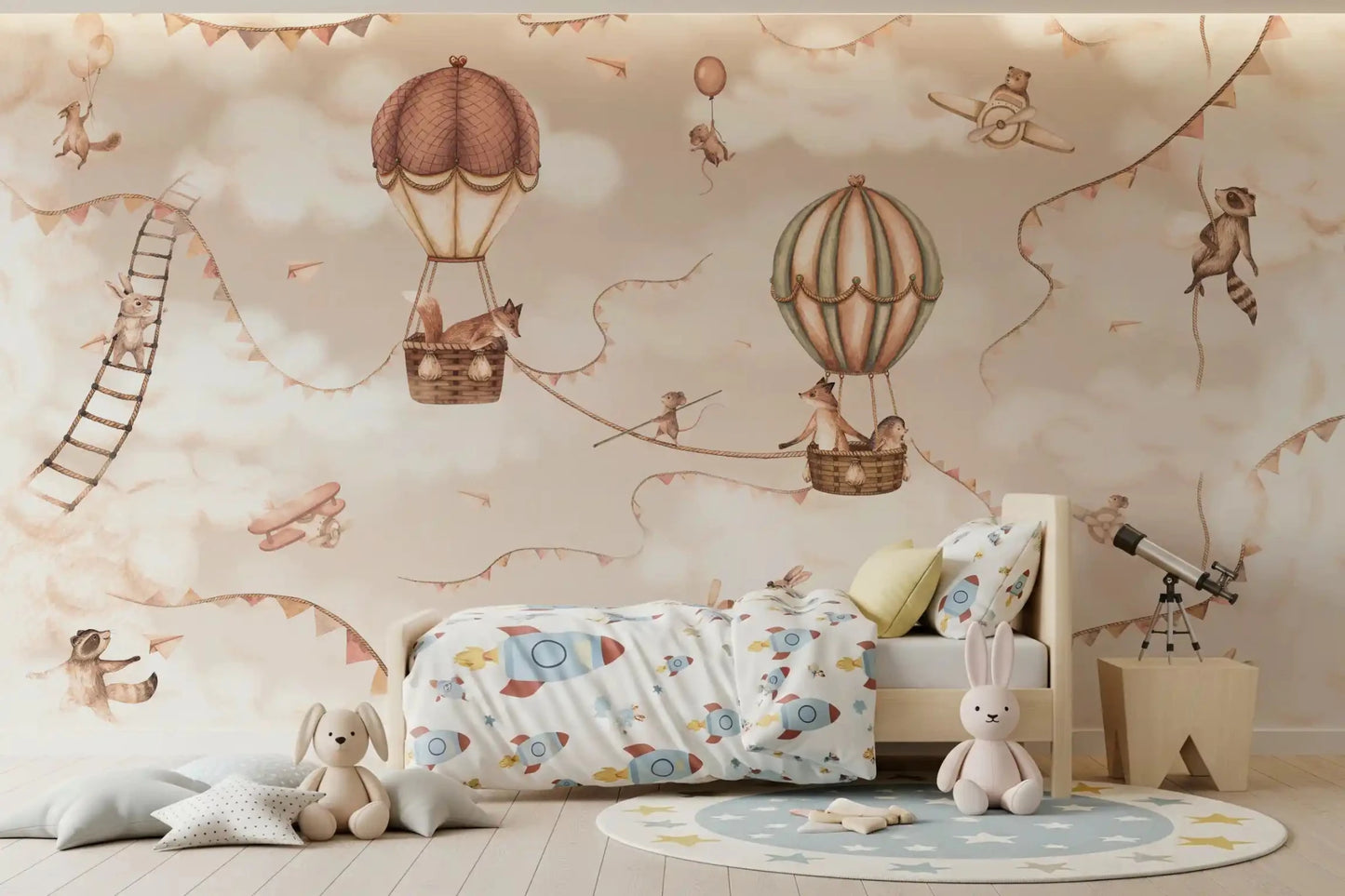 Neutral nursery Wall Mural with Aviation Adventure Mono theme