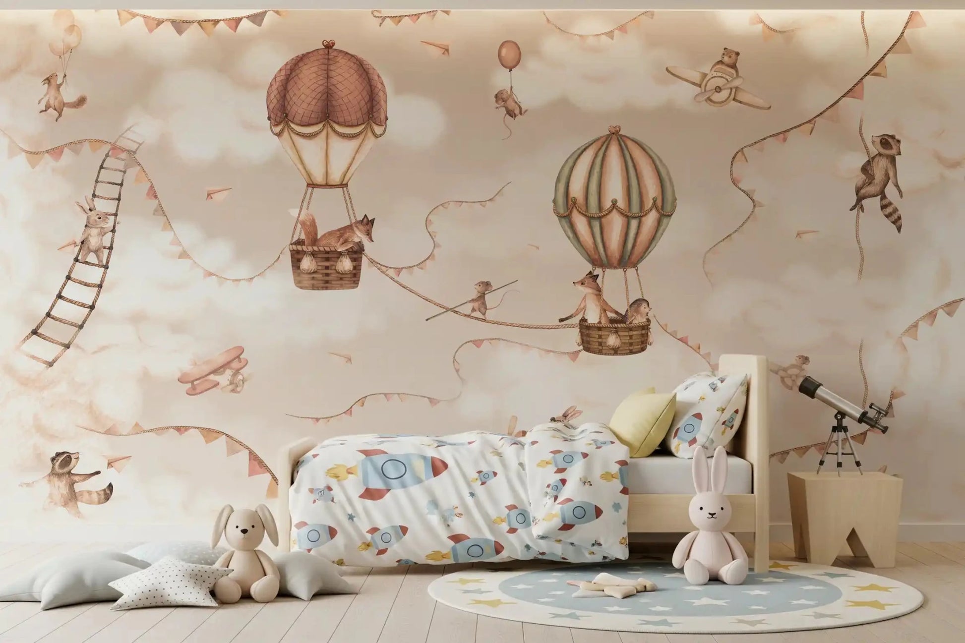 Neutral nursery Wall Mural with Aviation Adventure Mono theme