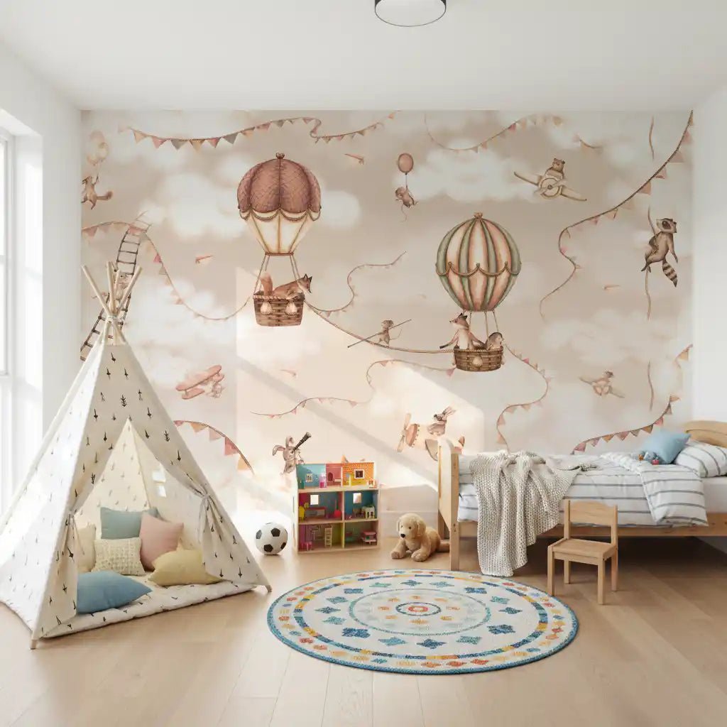 Playroom wall with Aviation Adventure Mono Wall Mural clouds