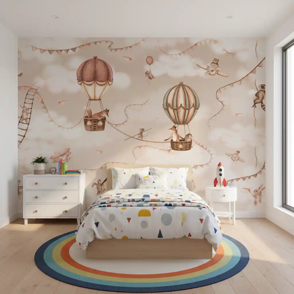 Aviation Adventure Mono Wall Mural with rabbits and small planes