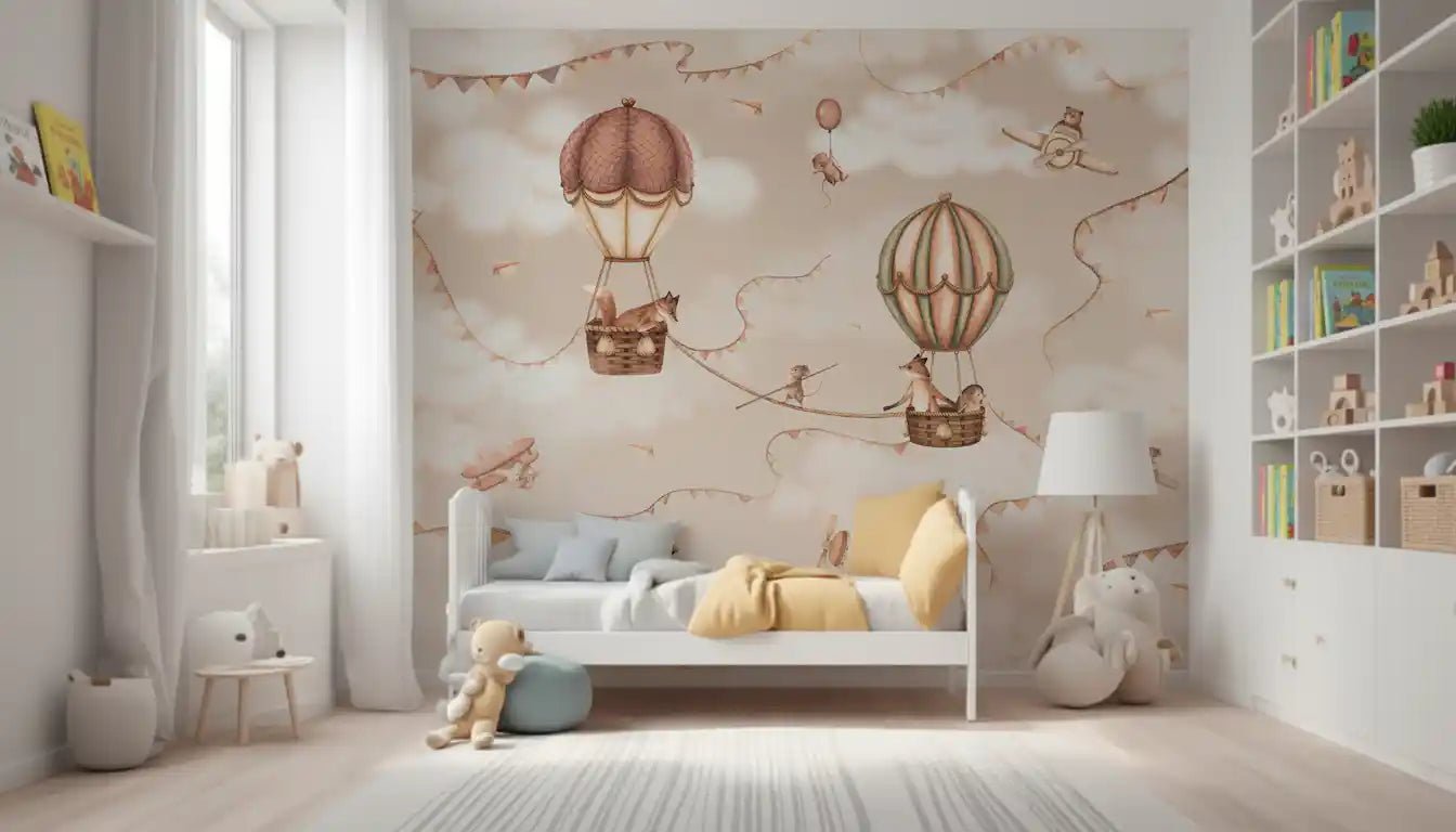 Aviation Adventure Mono Wall Mural with foxes in hot air balloons
