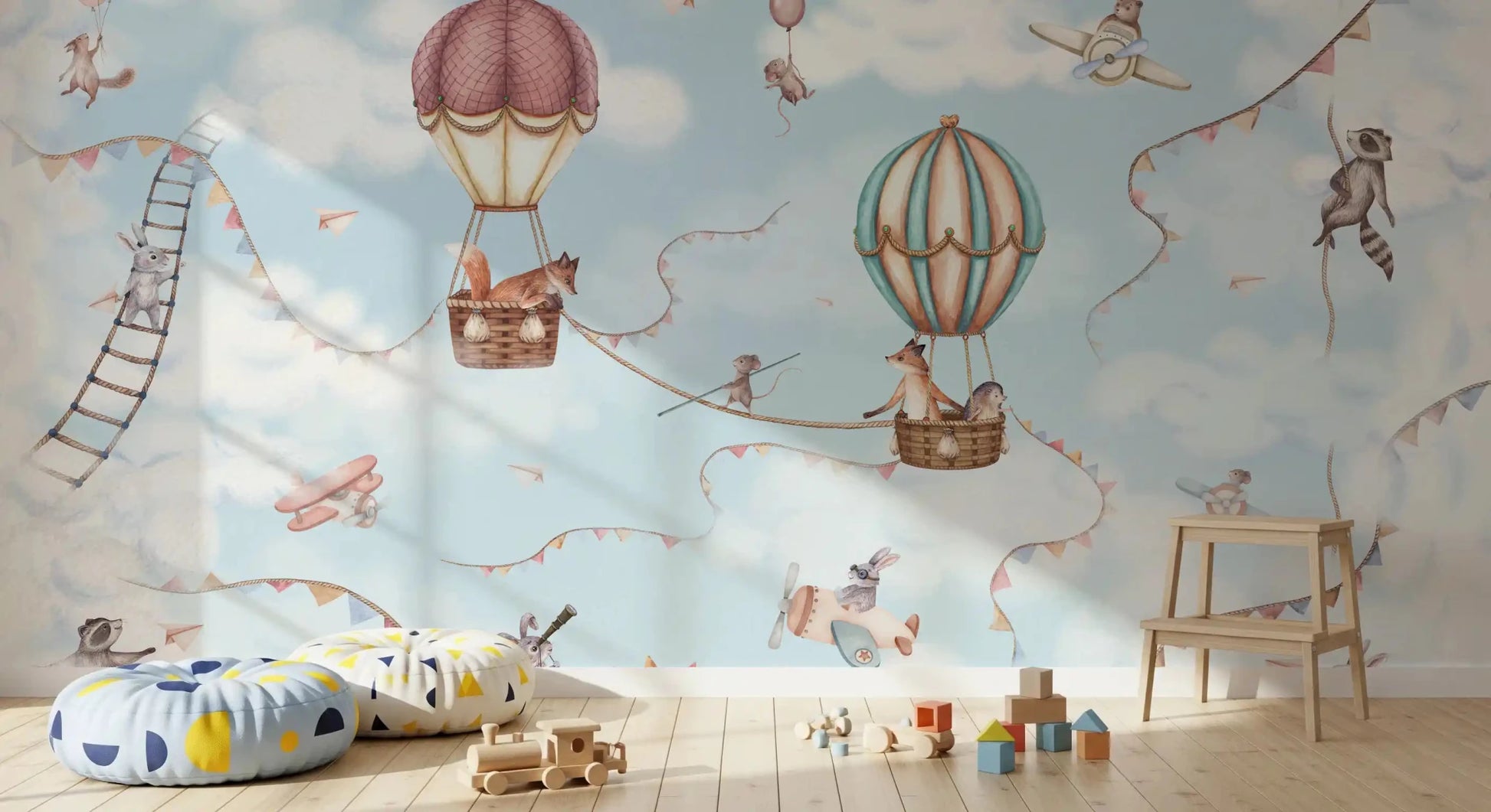 Aviation Adventure Wall Mural with bunting and soft clouds, GD9167