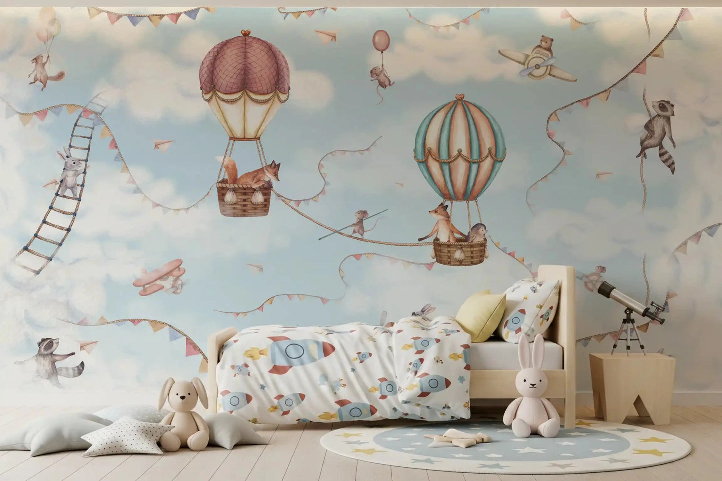 Playroom wall with Aviation Adventure Wall Mural animals flying, GD9167