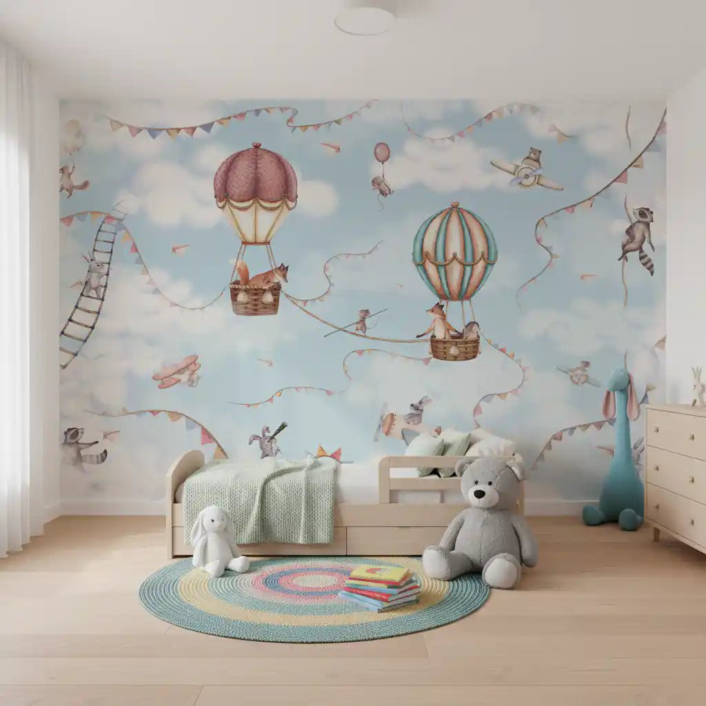 Nursery styled with Aviation Adventure Wall Mural balloon scene, GD9167