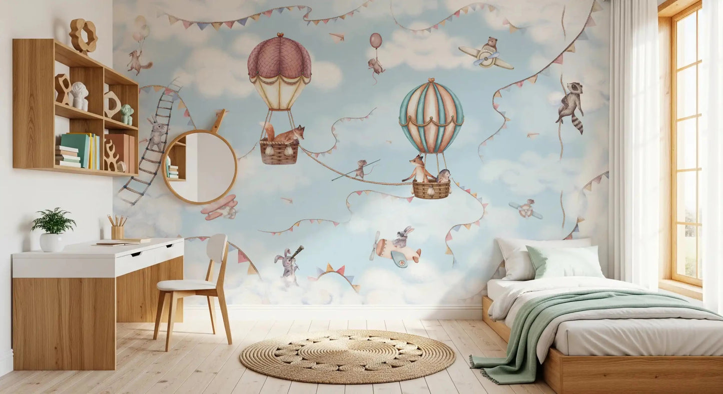 Kids room showing Aviation Adventure Wall Mural cloud pattern, GD9167