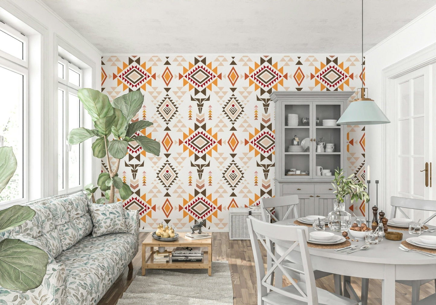 Geometric Forest inspired Aztec Echo wallpaper in a creative studio.