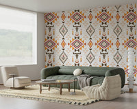 Aztec Echo wallpaper in a modern living room with leather seating.