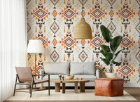 Harmony wall mural with cultural patterns in a neutral dining space.