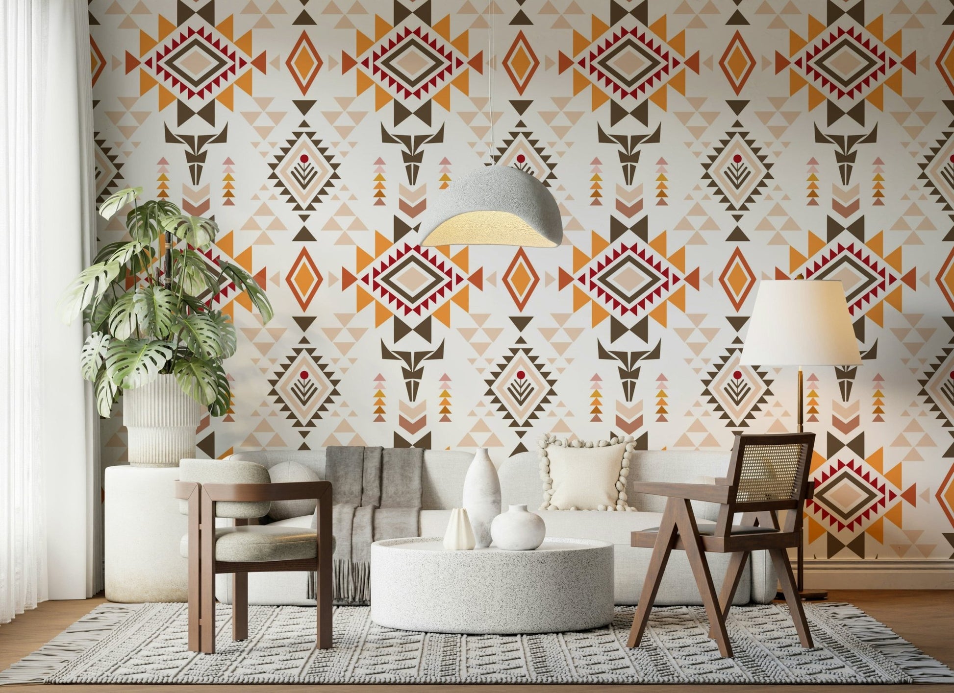 Aztec Echo wall mural for a bold feature wall in a contemporary lounge.