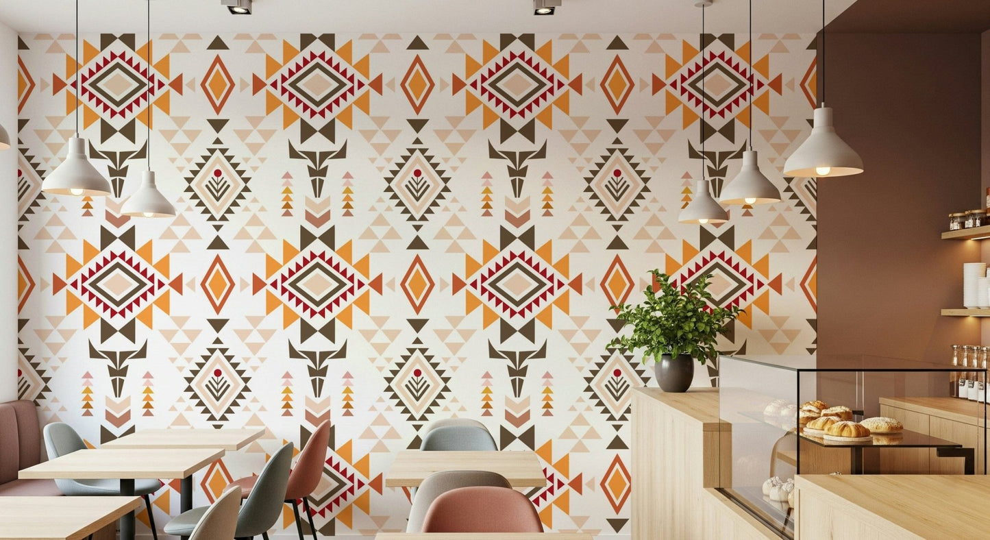 Geometric Forest motifs within an Aztec Echo wall mural in a study.