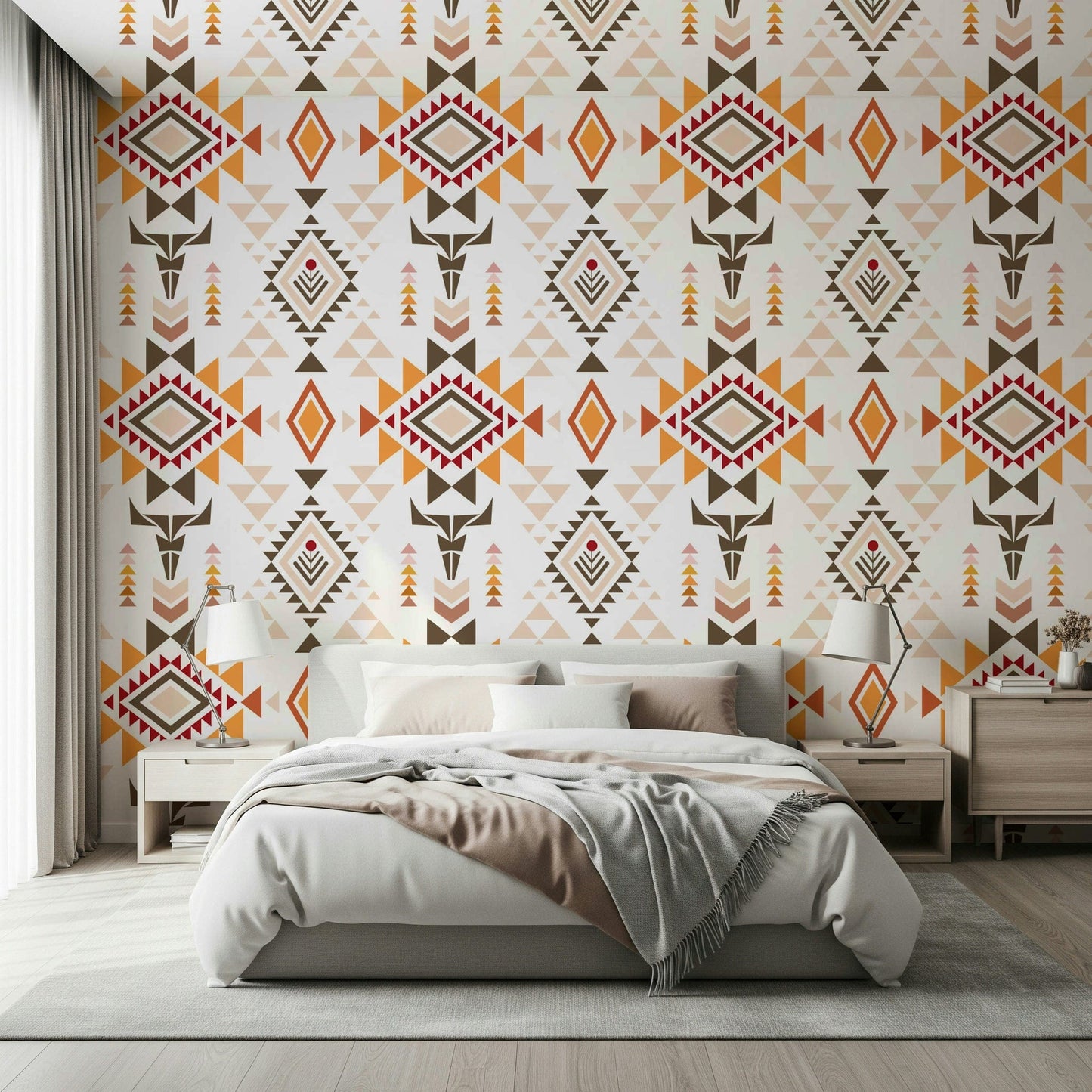 Tribal Harmony wall mural featuring earthy tones in a master bedroom.
