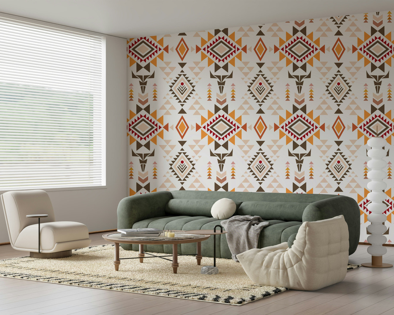 Aztec Echo wallpaper in a modern living room with leather seating.